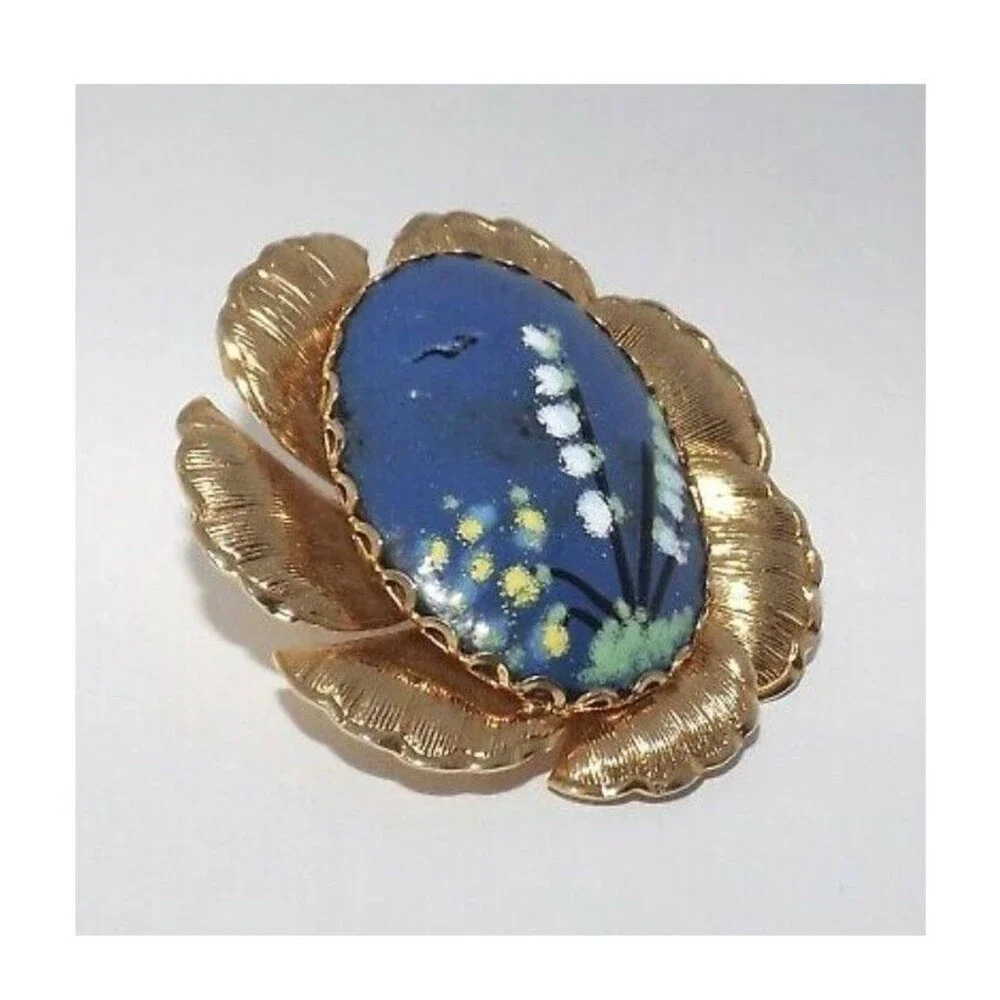 Vintage Enamel on Copper Picture Flower Scenery Gold plated Brooch Pin Pendant